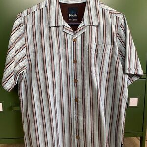 Prana Casual Button Down Shirt Brown and White Stripes